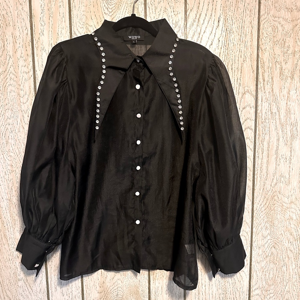 Balloon-Sleeve Black Sheer Top w/Rhinestone Collar
